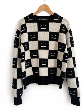 Acne‎ Studios Face Checkerboard Wool Sweater Black Oatmeal Beige XS